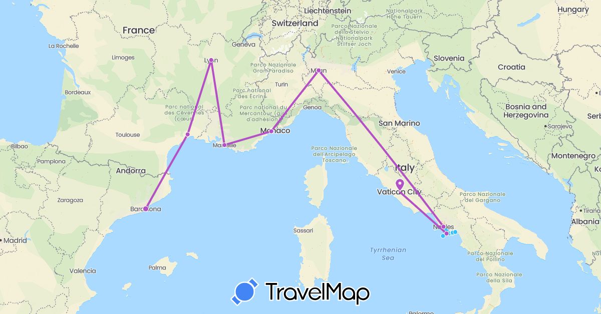 TravelMap itinerary: train, boat in Spain, France, Italy (Europe)